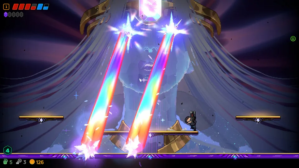 A chained demon boss surrounded by projectiles in a Neon Abyss 2 fight
