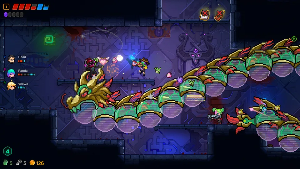 Four Agents fighting a giant boss together in a Neon Abyss 2 online co-op run